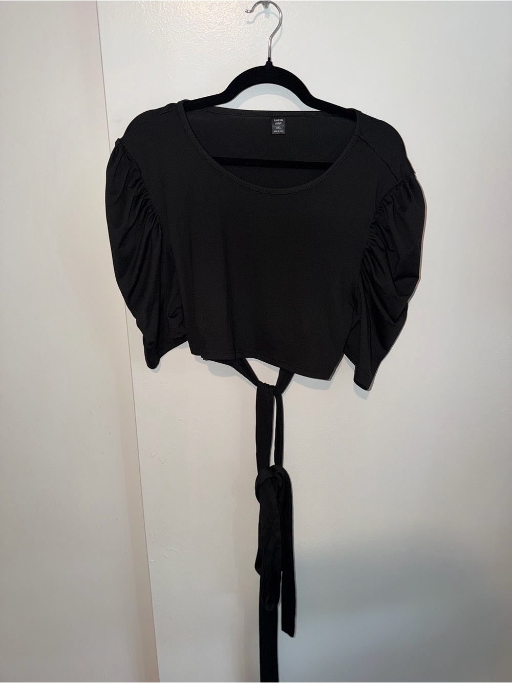 Women’s Plus Black Tie Front Cropped Puff Sleeve Scoop Neck Shirt Size 3XL - Picture 5 of 5